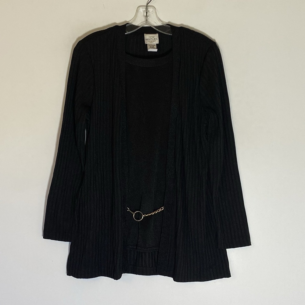 TR Benley Sweater Womens 8 Black Open Front‎ Layered 2fer Chain Belt Ribbed Work